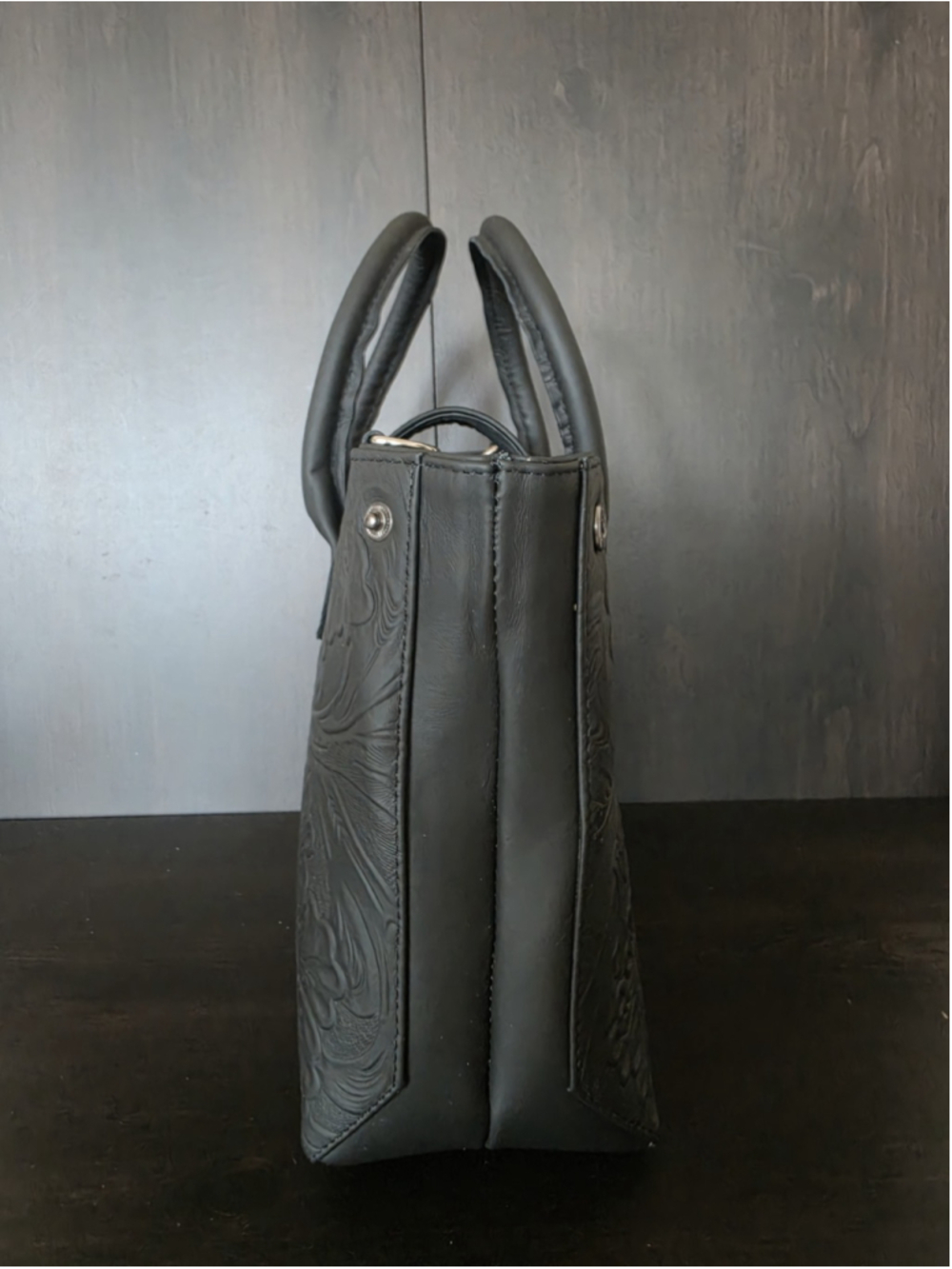 Black Floral Embossed Tooled Artisan LEATHER Hobo Bag Purse Crossbody - Picture 10 of 16